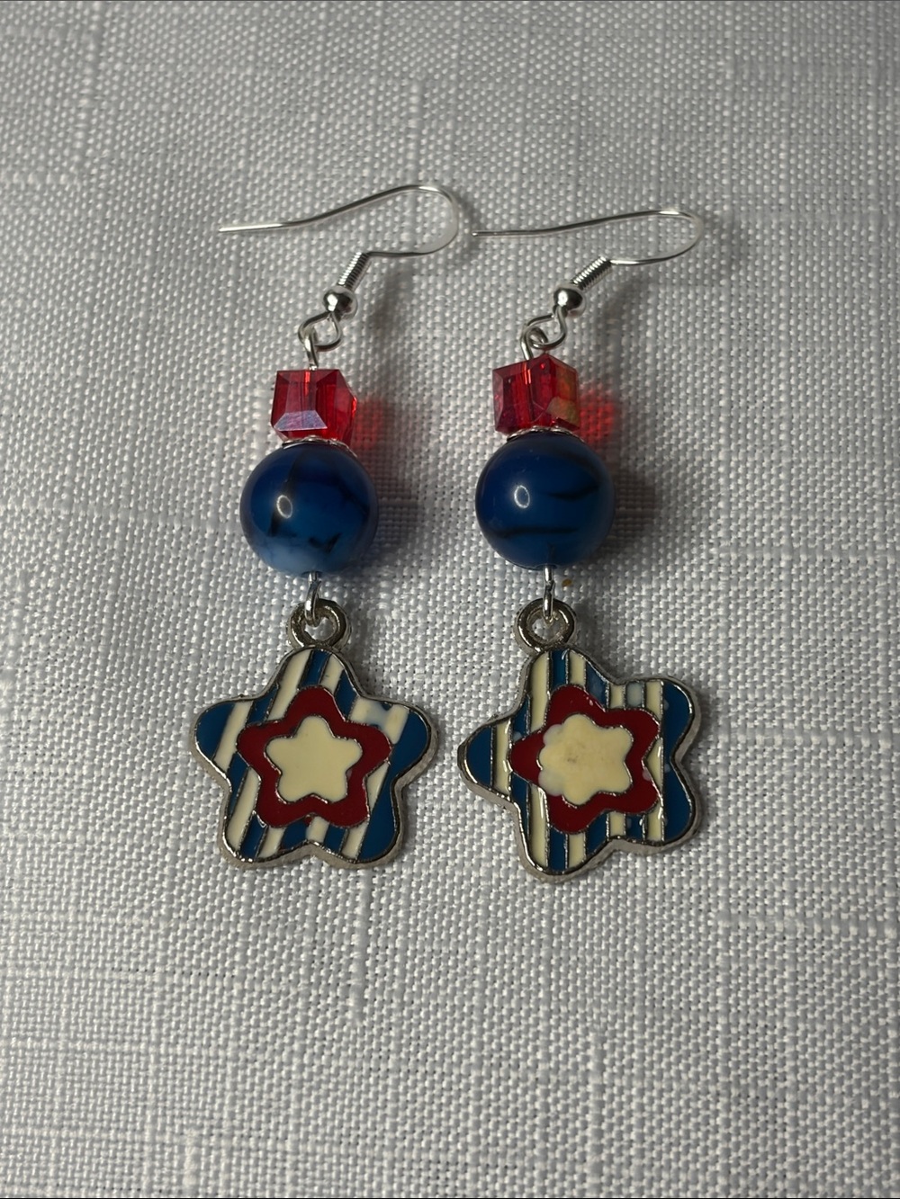 Patriotic Star Dangle Earrings with Blue Bead and Red Crystal